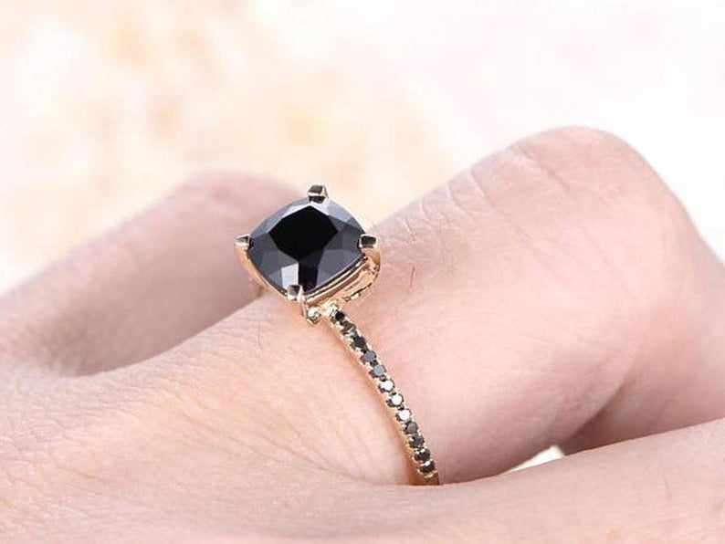 Black diamond cushion cut engagement deals rings