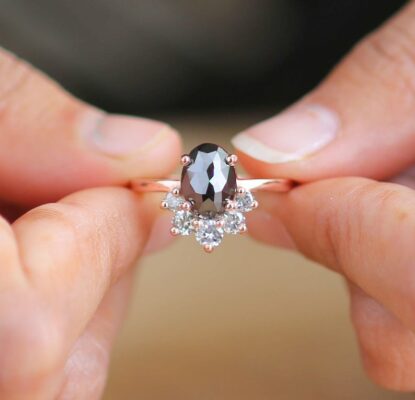 rose cut oval shape black diamond ring