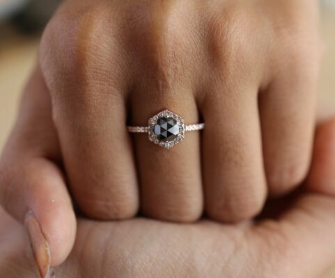 black diamond rose gold ring in finger